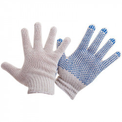 Хозяйственные перчатки х/б белые, ПВХ, синяя точка
